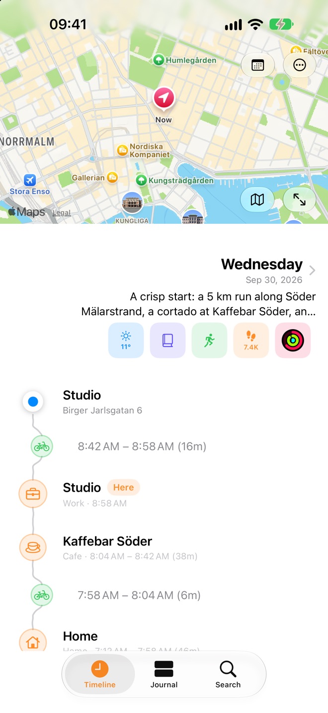 The Jellyspot Timeline for today in Stockholm: a map, a one-line summary of the morning and visits to a café and a studio, linked by bike rides.