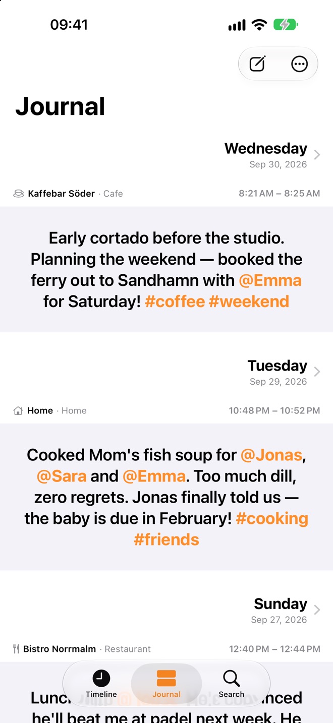 The Journal feed with short entries tagged with #coffee and #weekend and mentions of friends.