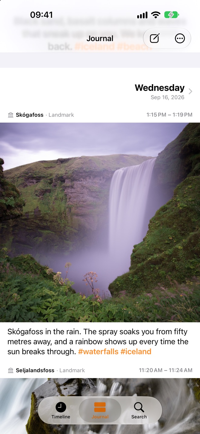 The Jellyspot Journal showing a photo of Skógafoss with a short entry about the spray and a rainbow.