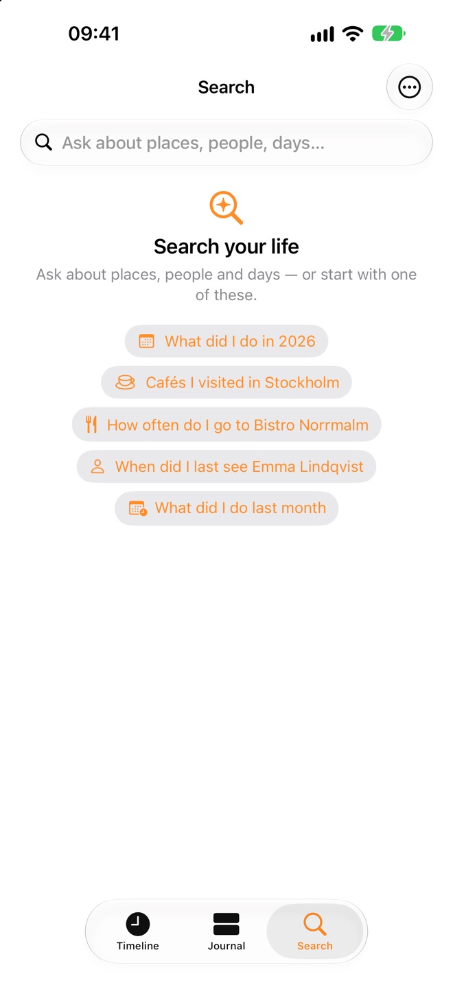 The Search tab with suggestions such as “Cafés I visited in Stockholm” and “When did I last see Emma Lindqvist”.