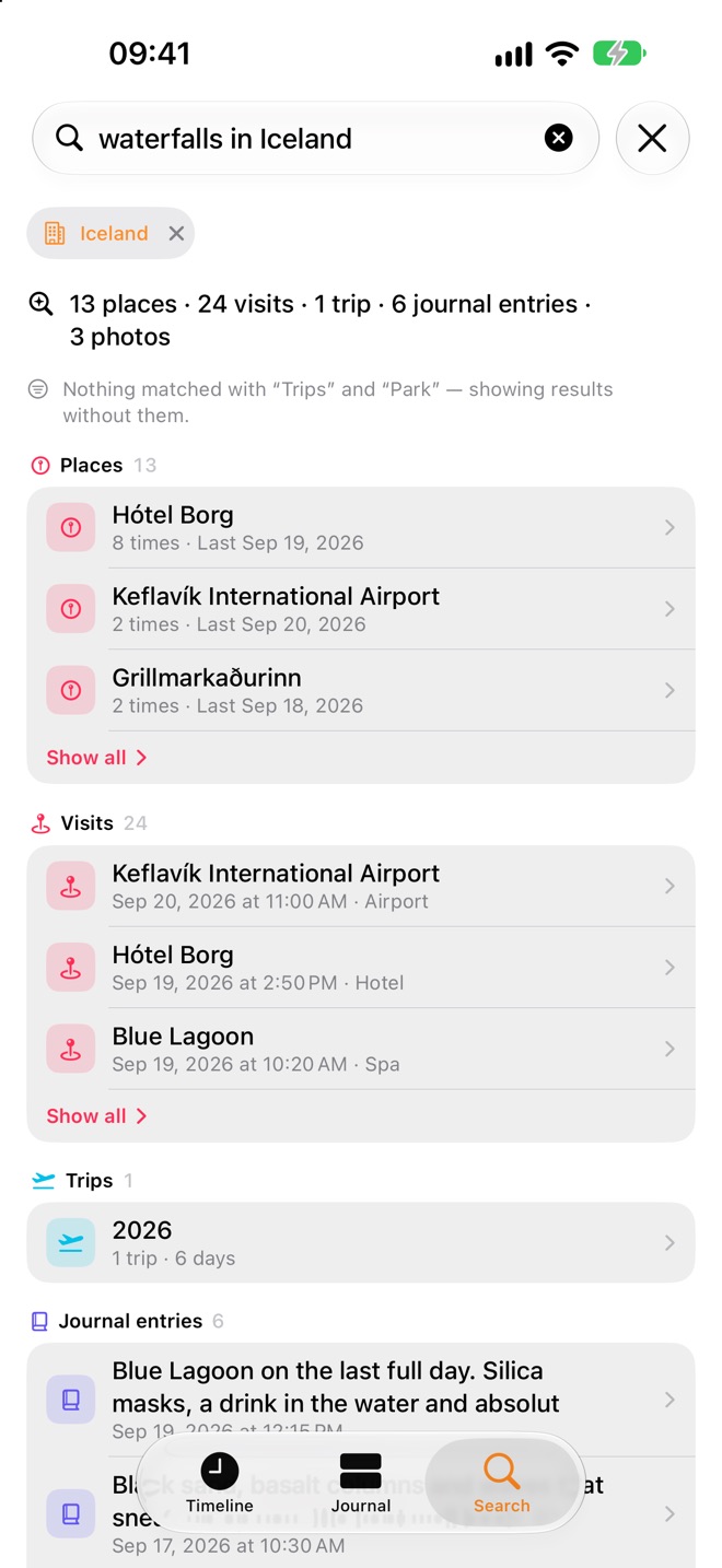Jellyspot search results for “waterfalls in Iceland”: 13 places, 24 visits, 1 trip, 6 journal entries and 3 photos.