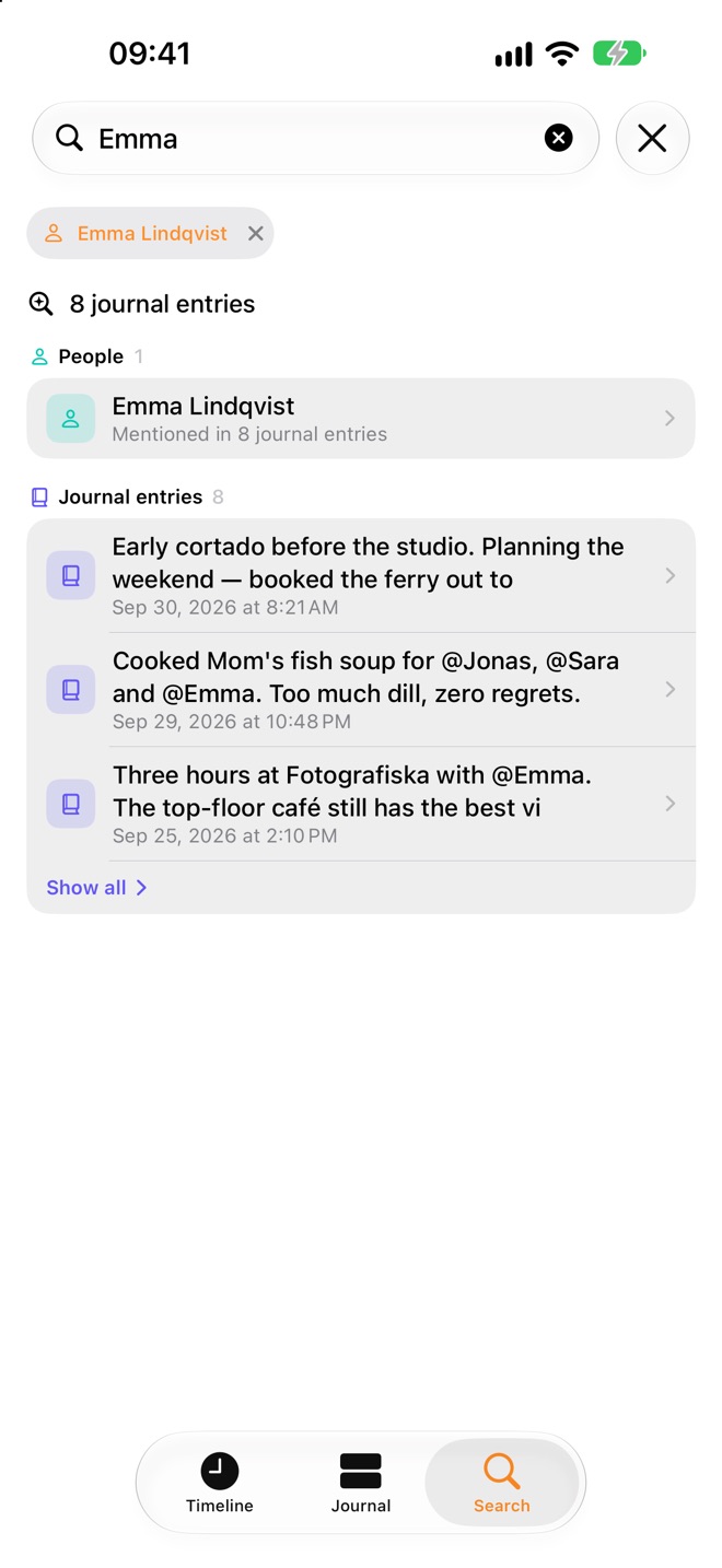 A search for Emma, showing her person page and eight journal entries that mention her.