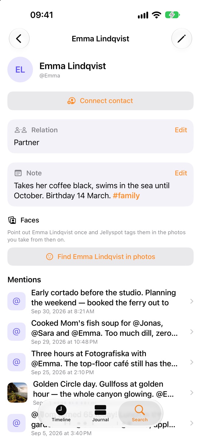 A person page for Emma Lindqvist with a relation, a note, a button to find her in photos and the entries that mention her.