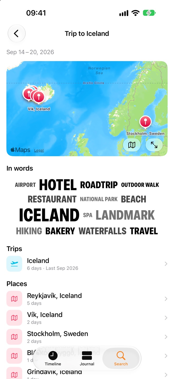 A trip to Iceland with a map, a word cloud of what the trip was about and the places visited.
