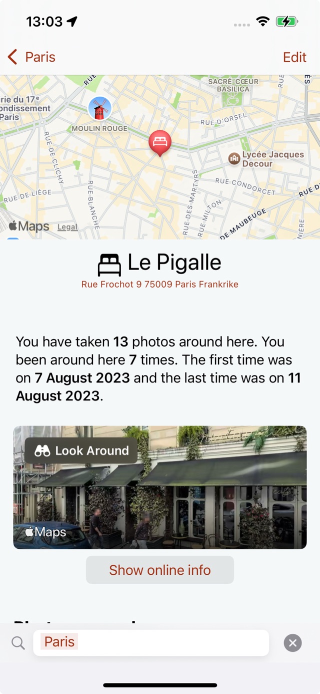 A Jellyspot place page for Le Pigalle in Paris, showing 13 photos taken nearby and seven previous visits.