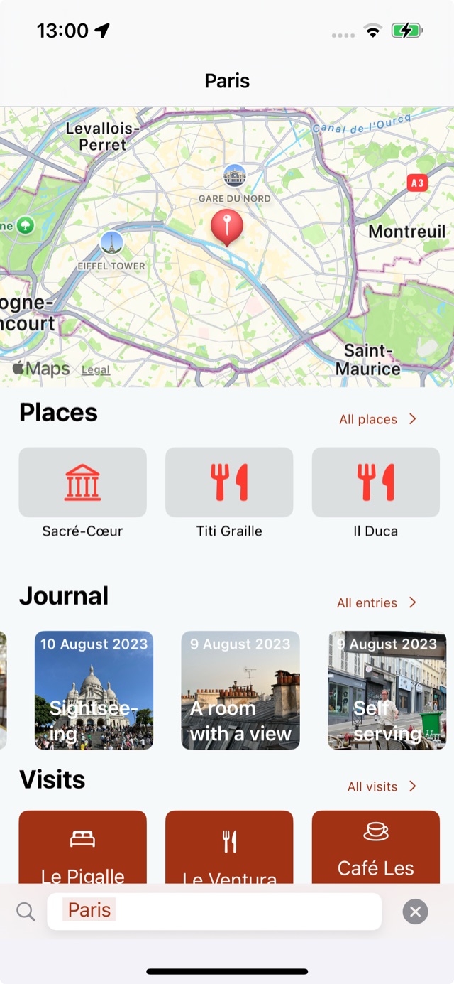 Jellyspot search results for Paris, grouped into Places, Journal entries and Visits.