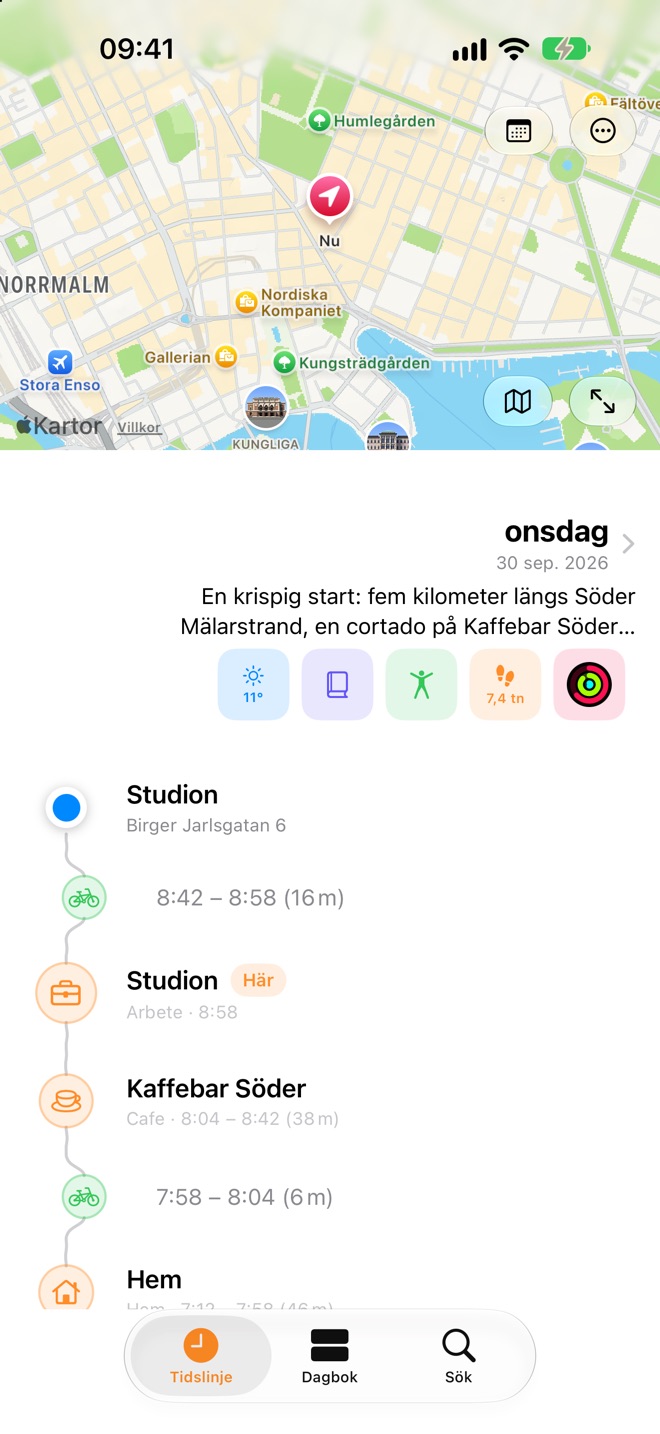 Jellyspots tidslinje för idag i Stockholm: en karta, en sammanfattning av förmiddagen och besök på ett kafé och en studio, sammanbundna av cykelturer.