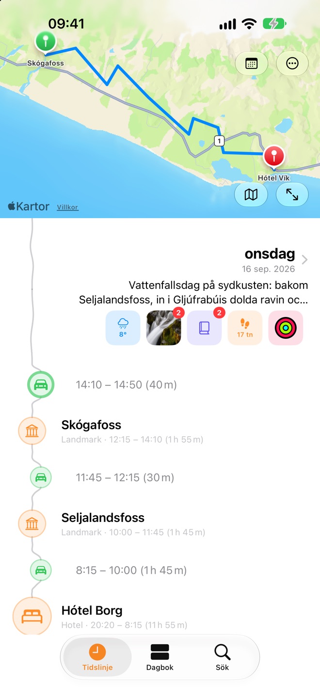 Tidslinjen för en dag på Island, med bilresan mellan Skógafoss och Hótel Vík utritad på kartan.