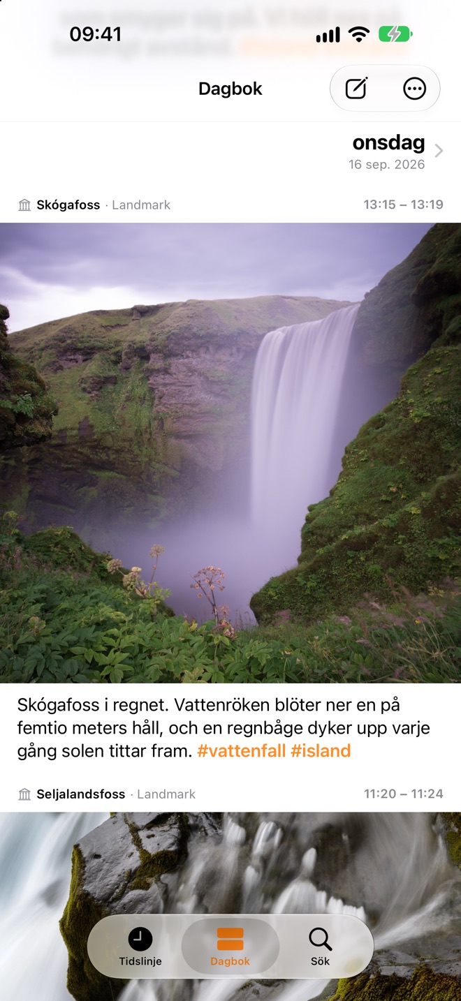 Jellyspots dagbok med en bild på Skógafoss och ett kort inlägg om vattendimman och en regnbåge.