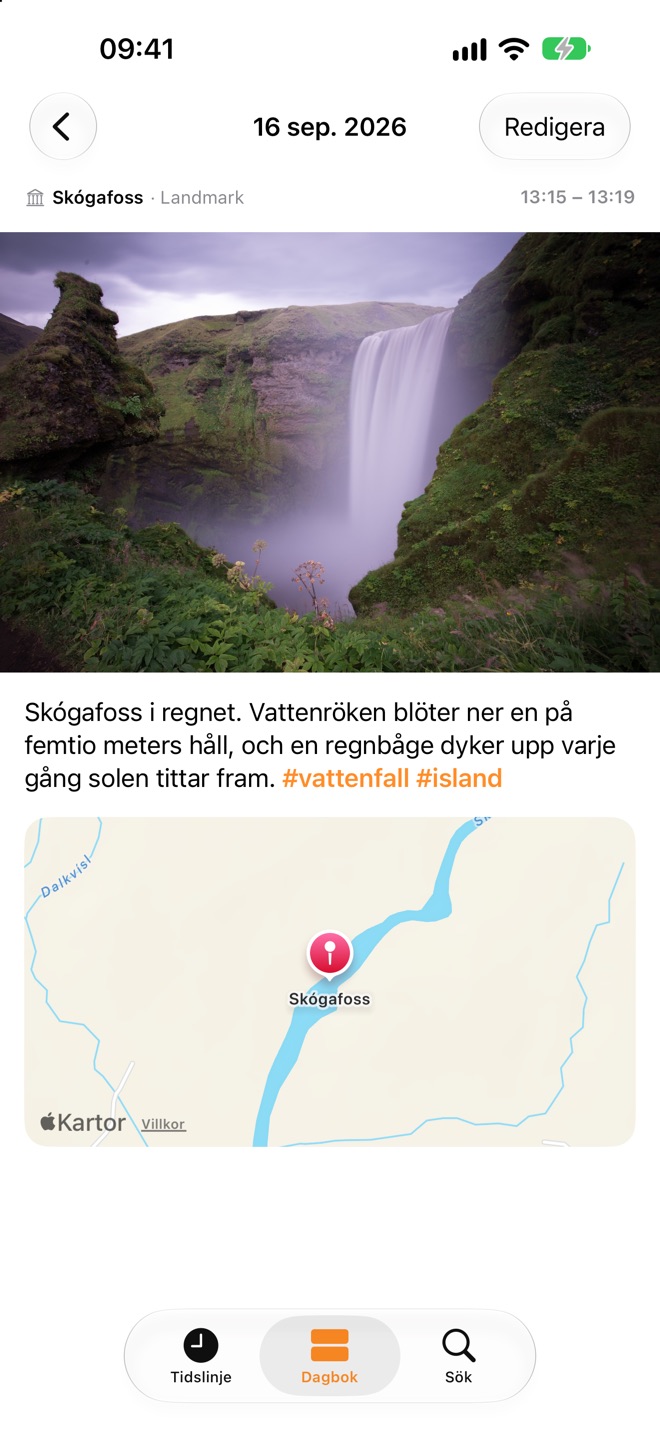 Ett dagboksinlägg om Skógafoss i regnet, med en bild på vattenfallet och en karta över var det skrevs.