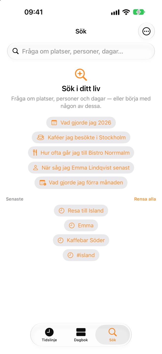 Sökfliken med förslag som ”Kaféer jag besökte i Stockholm” och ”När såg jag Emma Lindqvist senast”, och de senaste sökningarna.