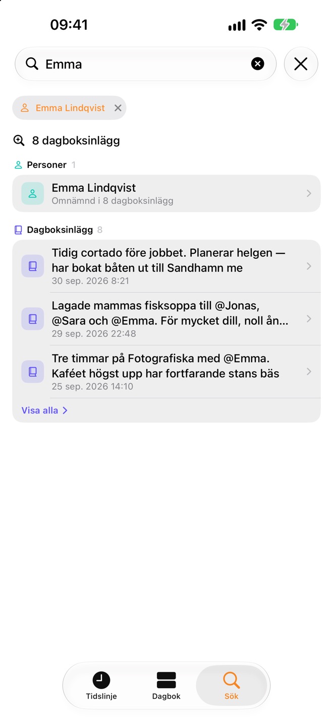 En sökning efter Emma, med hennes personsida och åtta dagboksinlägg som nämner henne.