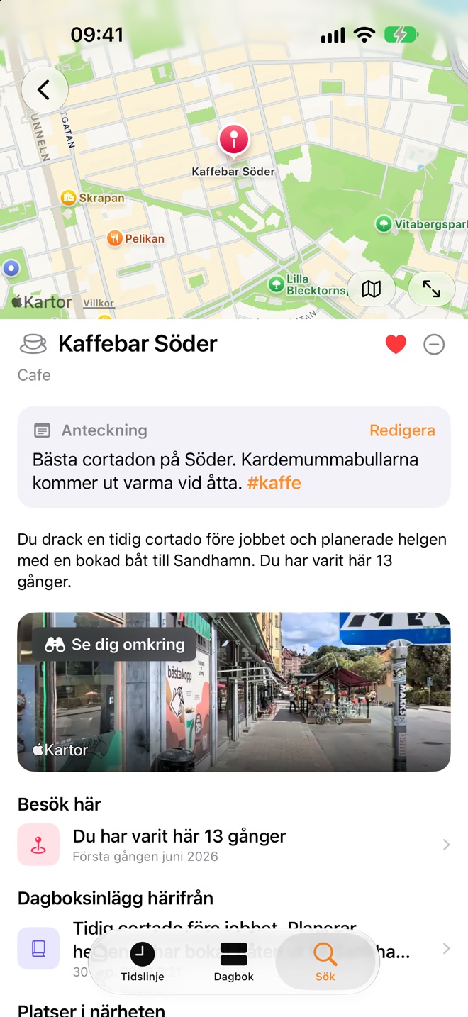 En platssida för Kaffebar Söder: en anteckning, 13 besök, en bild från Se dig omkring och inläggen som skrivits där.