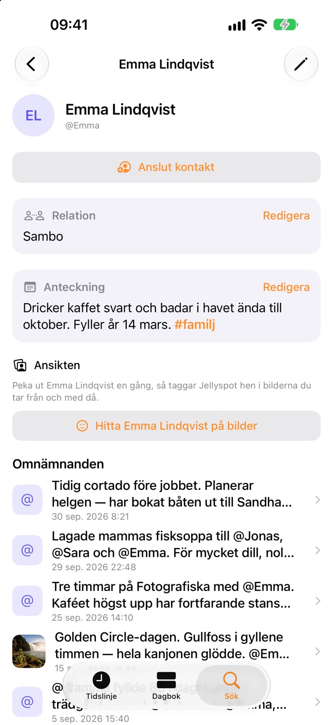 En personsida för Emma Lindqvist med relation, anteckning, en knapp för att hitta henne i bilder och inläggen som nämner henne.