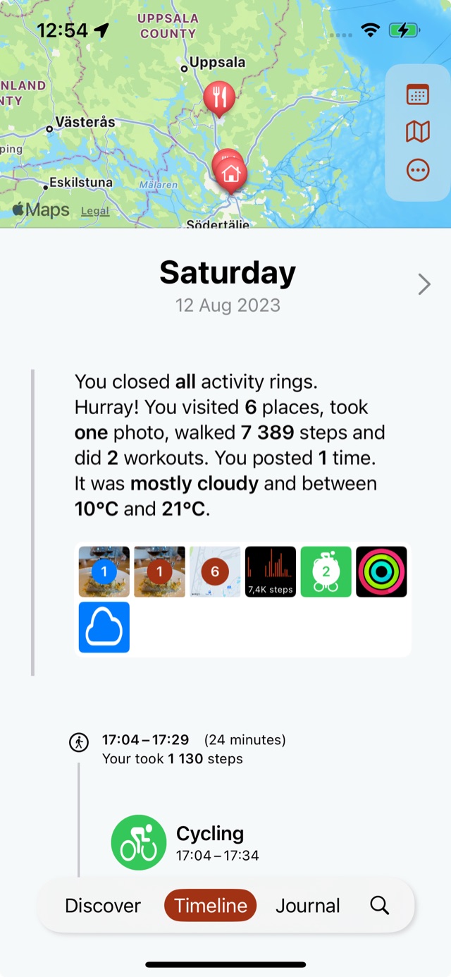 Jellyspot Timeline showing a day summary: closed activity rings, 6 places visited, 7,389 steps and two workouts.